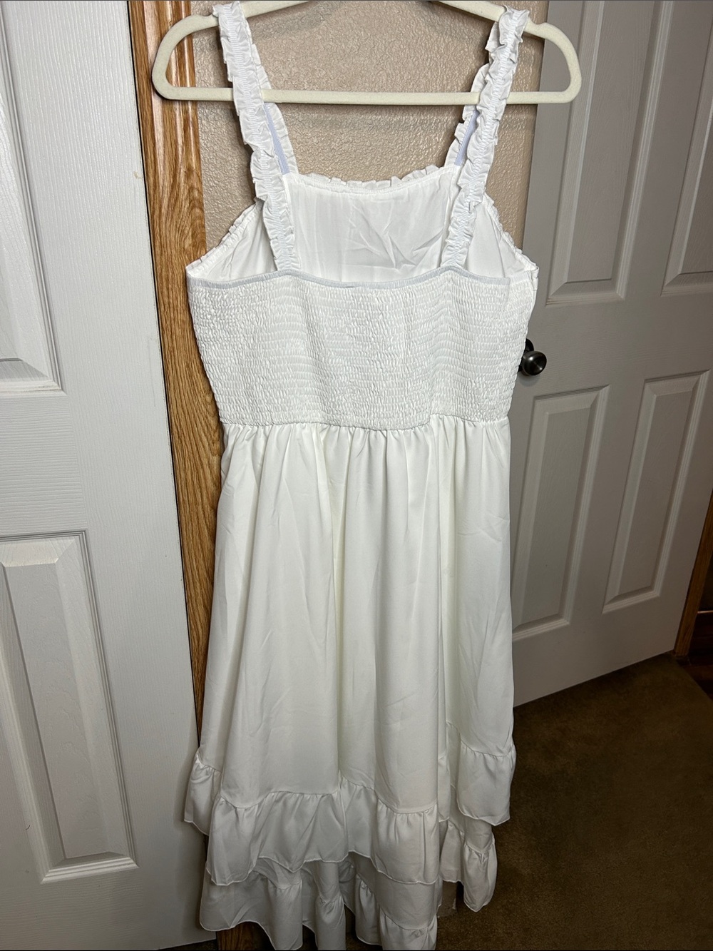 ROMANTIC White Ruffle High-Low Midi Dress with Ruched Bodice - Picture 7 of 7